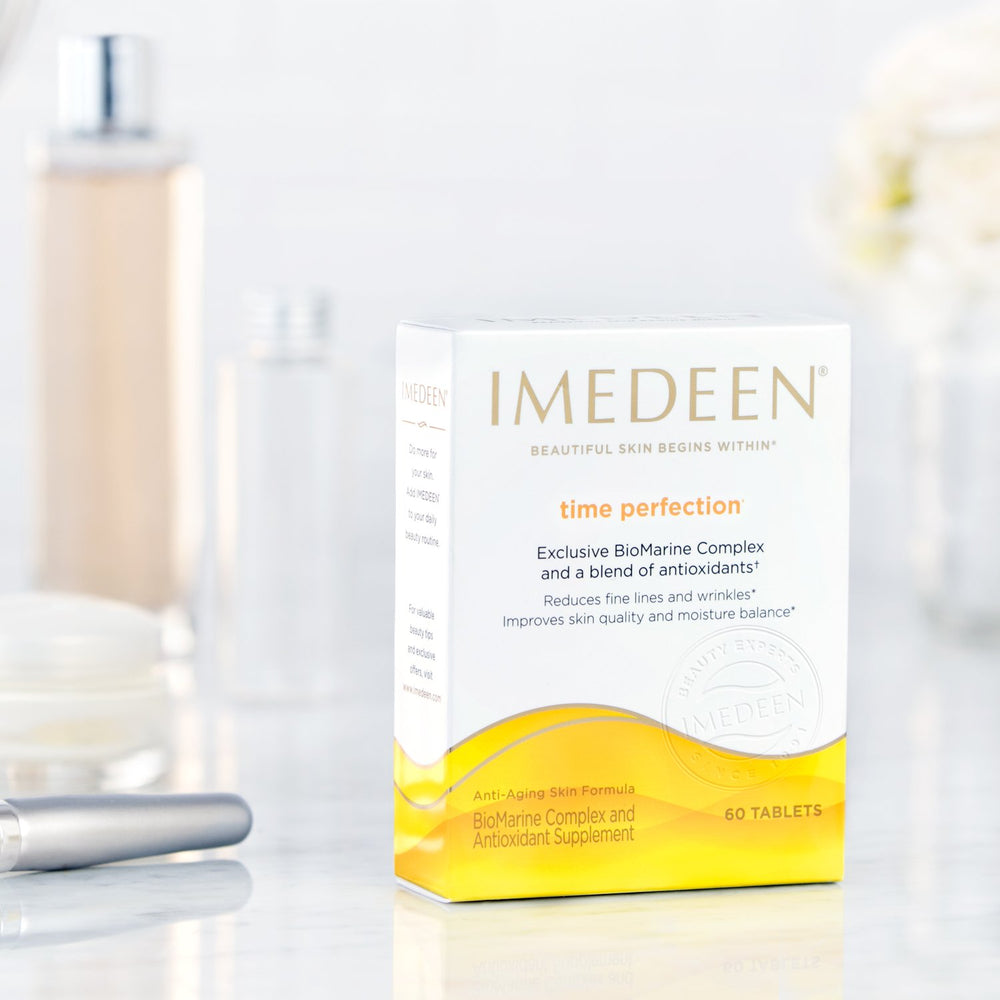 Imedeen Time Perfection label closeup with ingredient highlights
