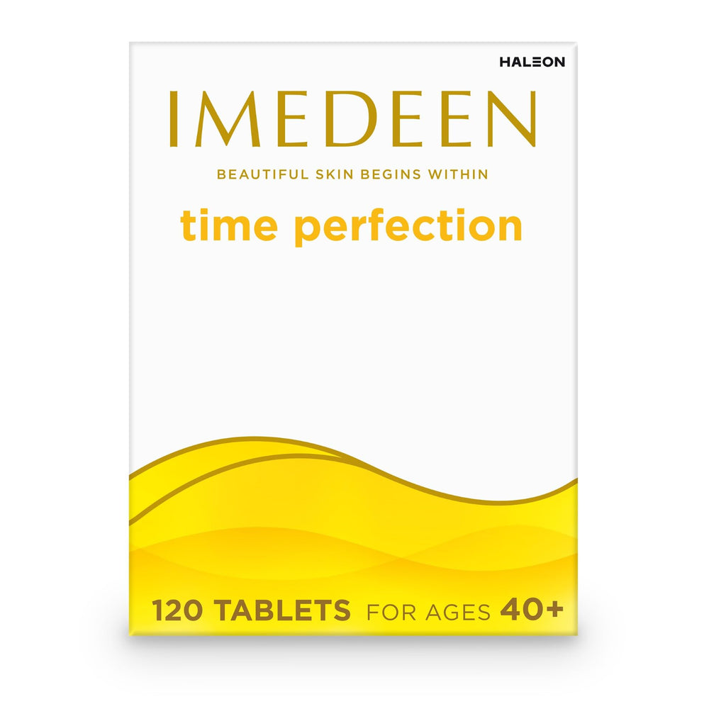 Imedeen Time Perfection Tabs packaging shown for daily skin support.