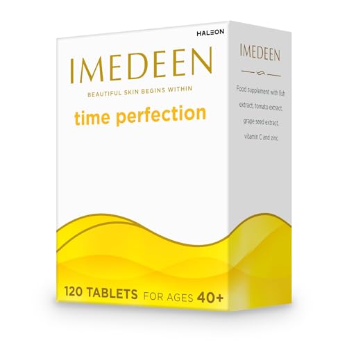 Imedeen Time Perfection Tabs bottle closeup highlights premium packaging and skin support.