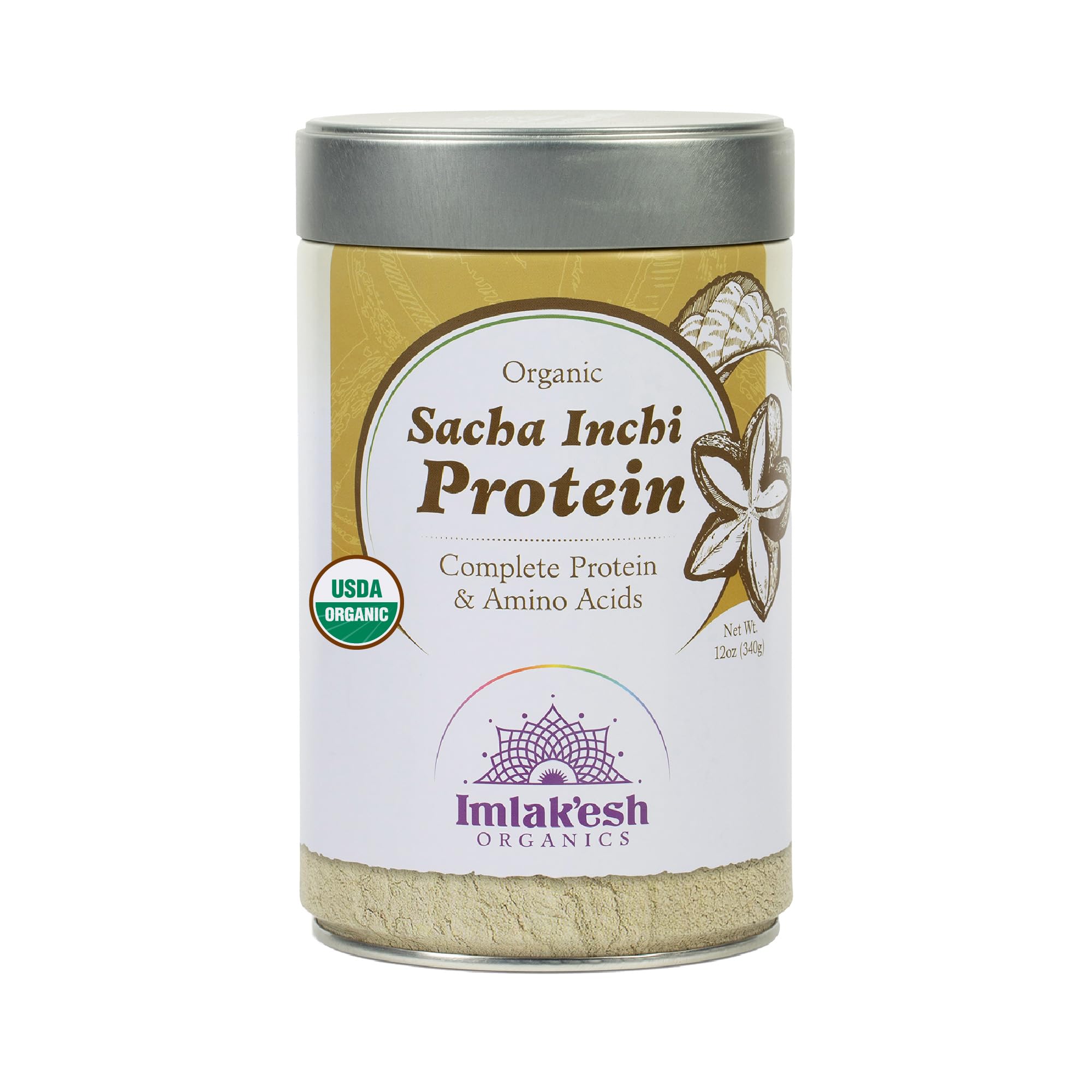 Imlak'esh Organics Sacha Inchi Protein powder label highlighting organic, vegan, and non-GMO features.