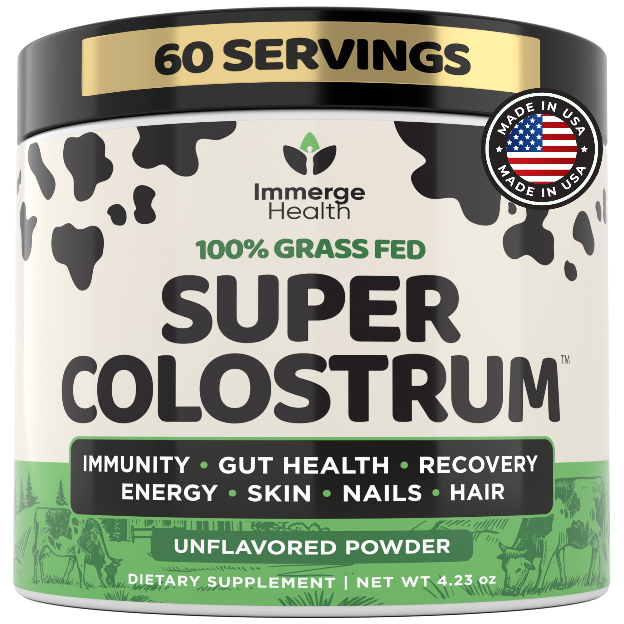 ImmergeHealth Super Colostrum bottle shows grass-fed formula for daily wellness