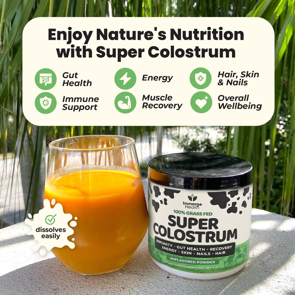 Pouring ImmergeHealth Super Colostrum into a glass for easy mixing
