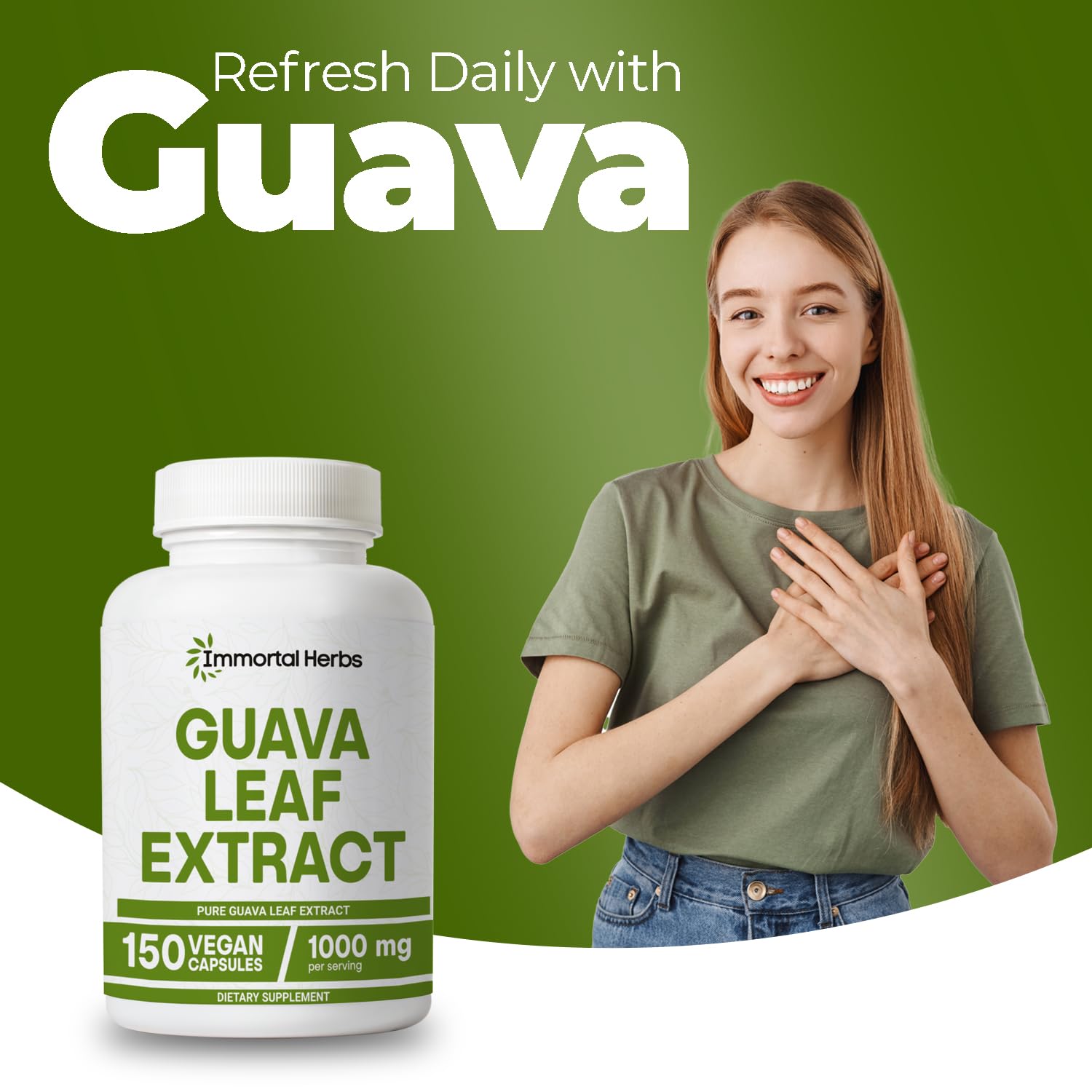 At-home daily use: Immortal Herbs Guava Leaf Extract capsules in a jar.
