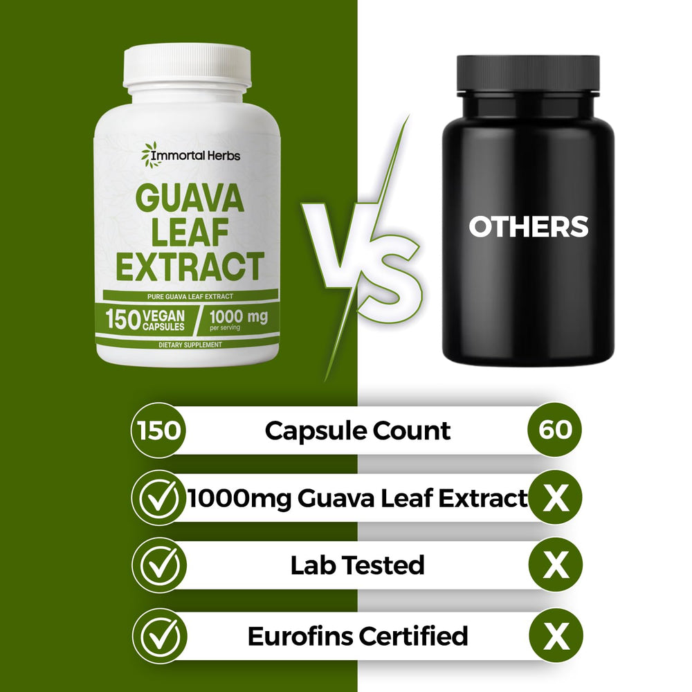 Label of Immortal Herbs Guava Leaf Extract showing 10:1 extract and non-GMO formula.