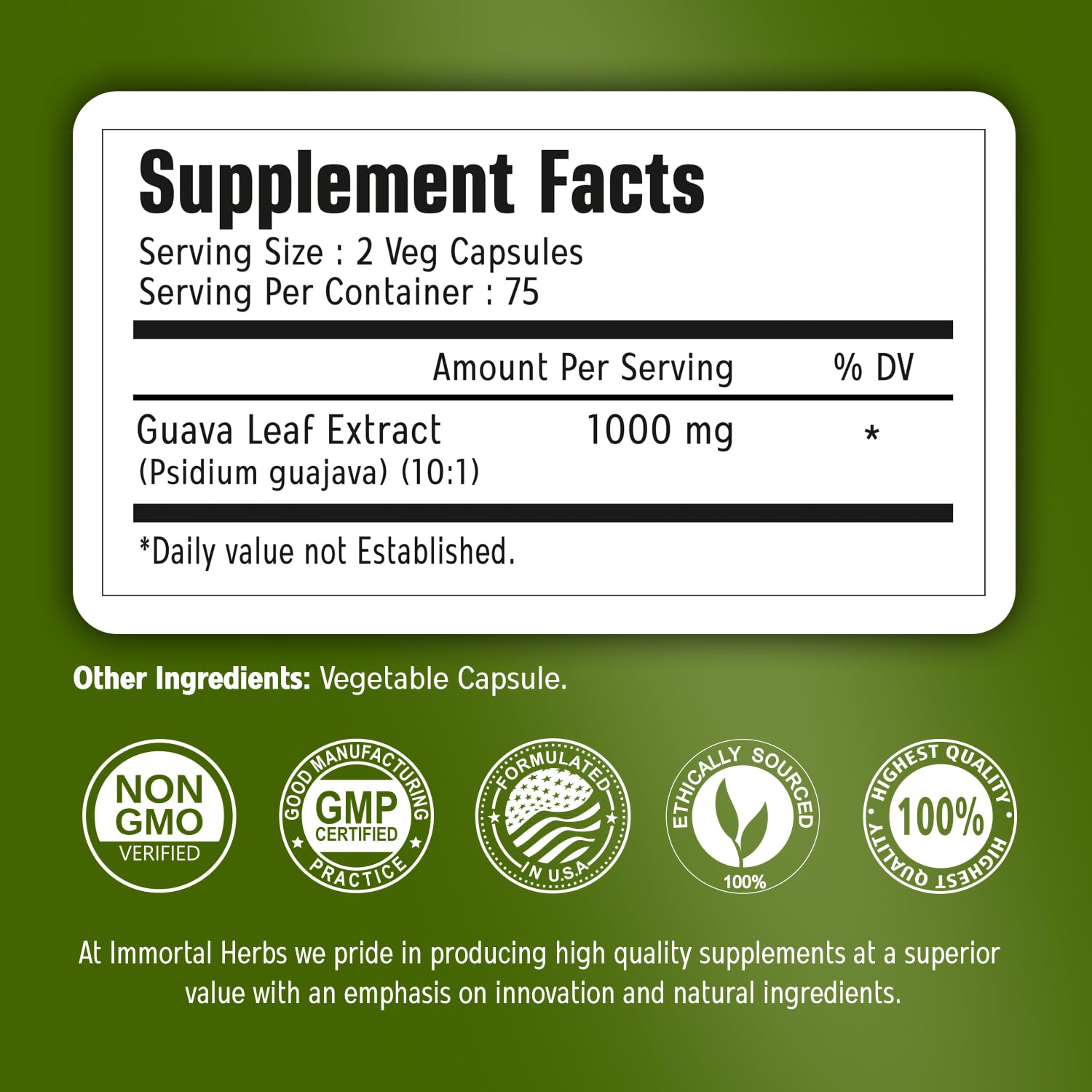 Two-capsule serving of Immortal Herbs Guava Leaf Extract for daily consumption.