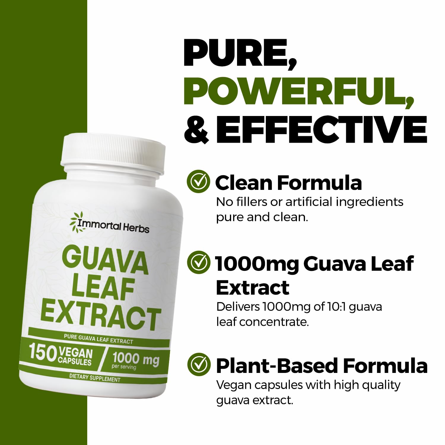 Vegan capsules from Immortal Herbs Guava Leaf Extract for convenient use.