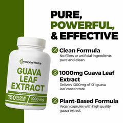 Vegan capsules from Immortal Herbs Guava Leaf Extract for convenient use.