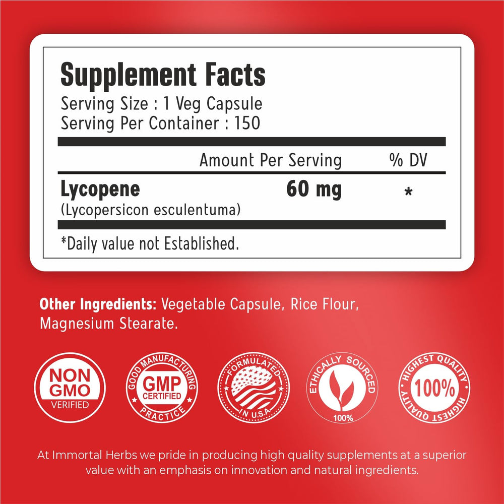 Immortal Herbs Lycopene capsules closeup, vegan non-GMO formula