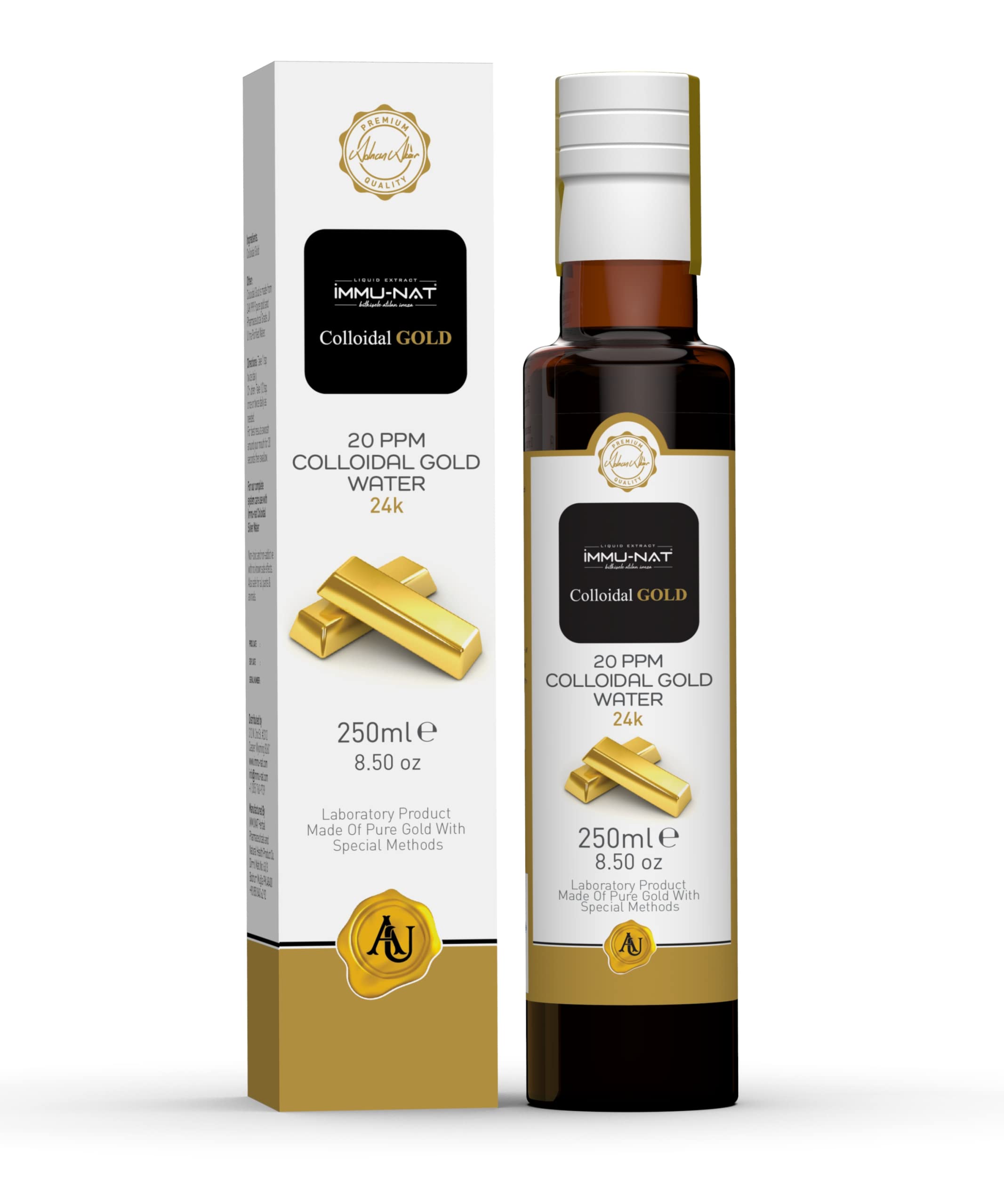 Immu-nat colloidal gold water bottle on counter supports daily focus