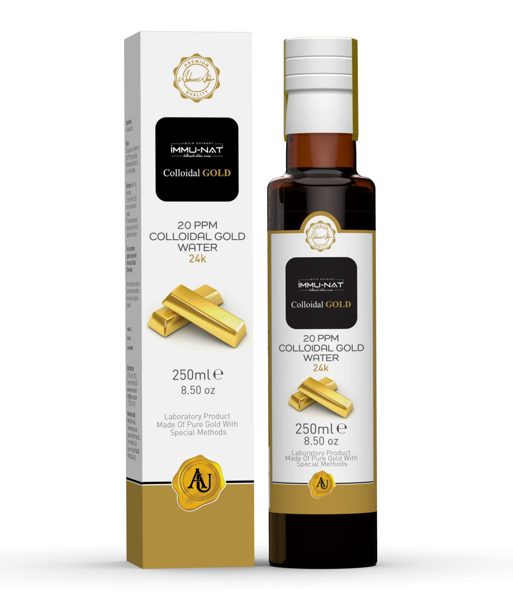 Immu-nat colloidal gold water bottle on counter supports daily focus