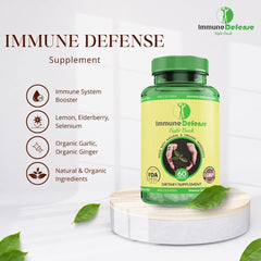 Immune Defense bottle back label highlights organic ingredients and supplement details