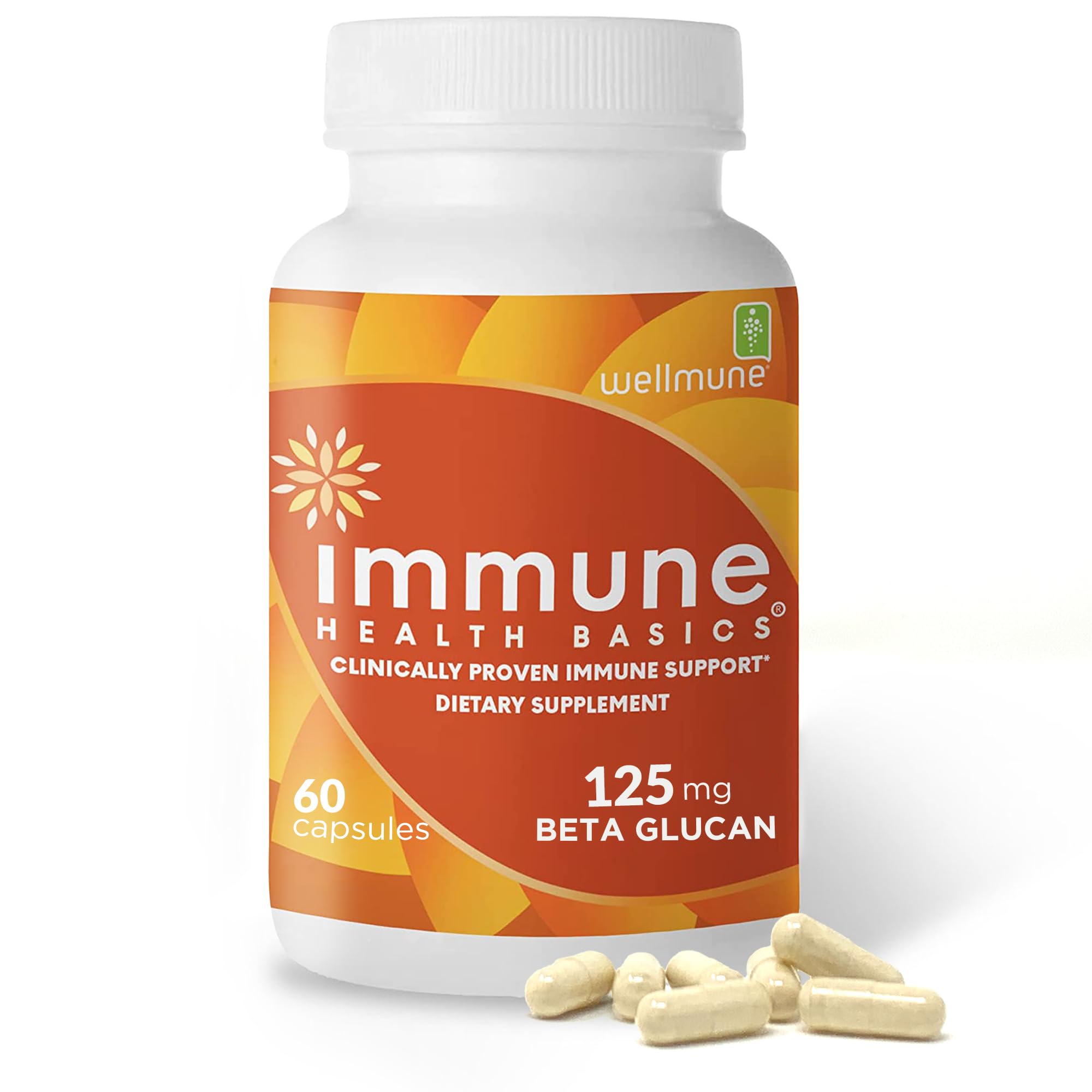 Immune Health Basics capsule close-up showing 125 mg beta glucan for daily support