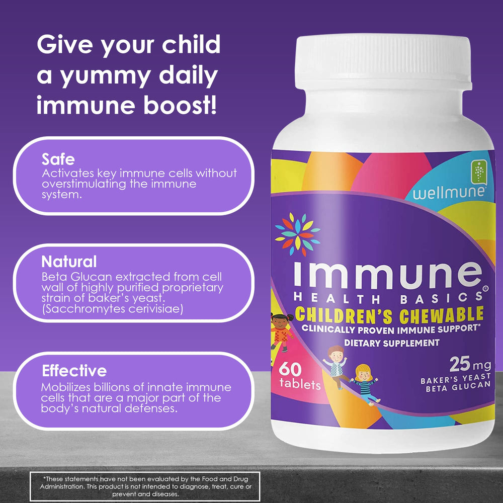 Immune Health Basics Wellmune beta glucan bottle highlights high-purity immune support for children.