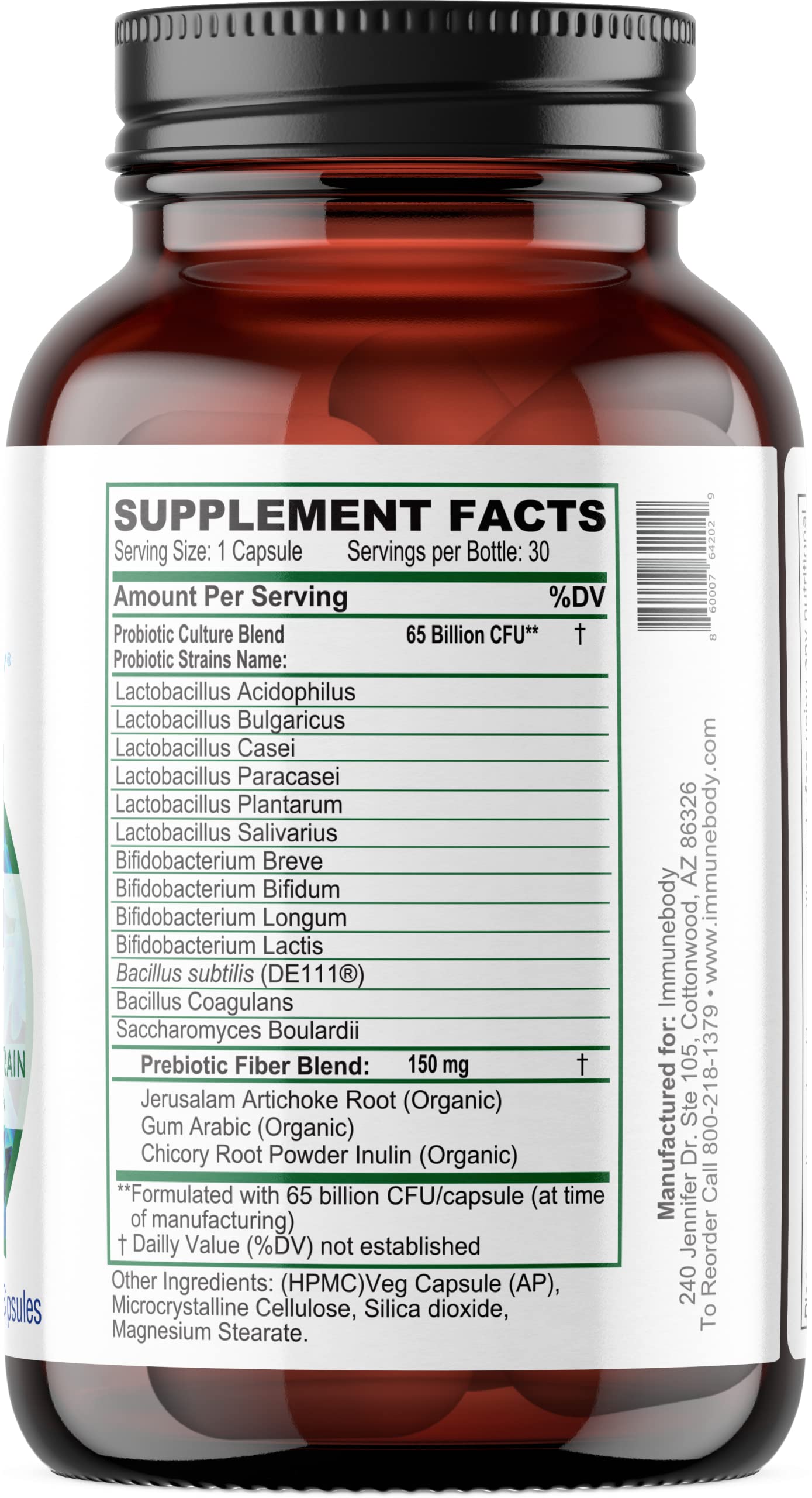 ImmuneBody label close-up highlighting 13 strains for gut balance.