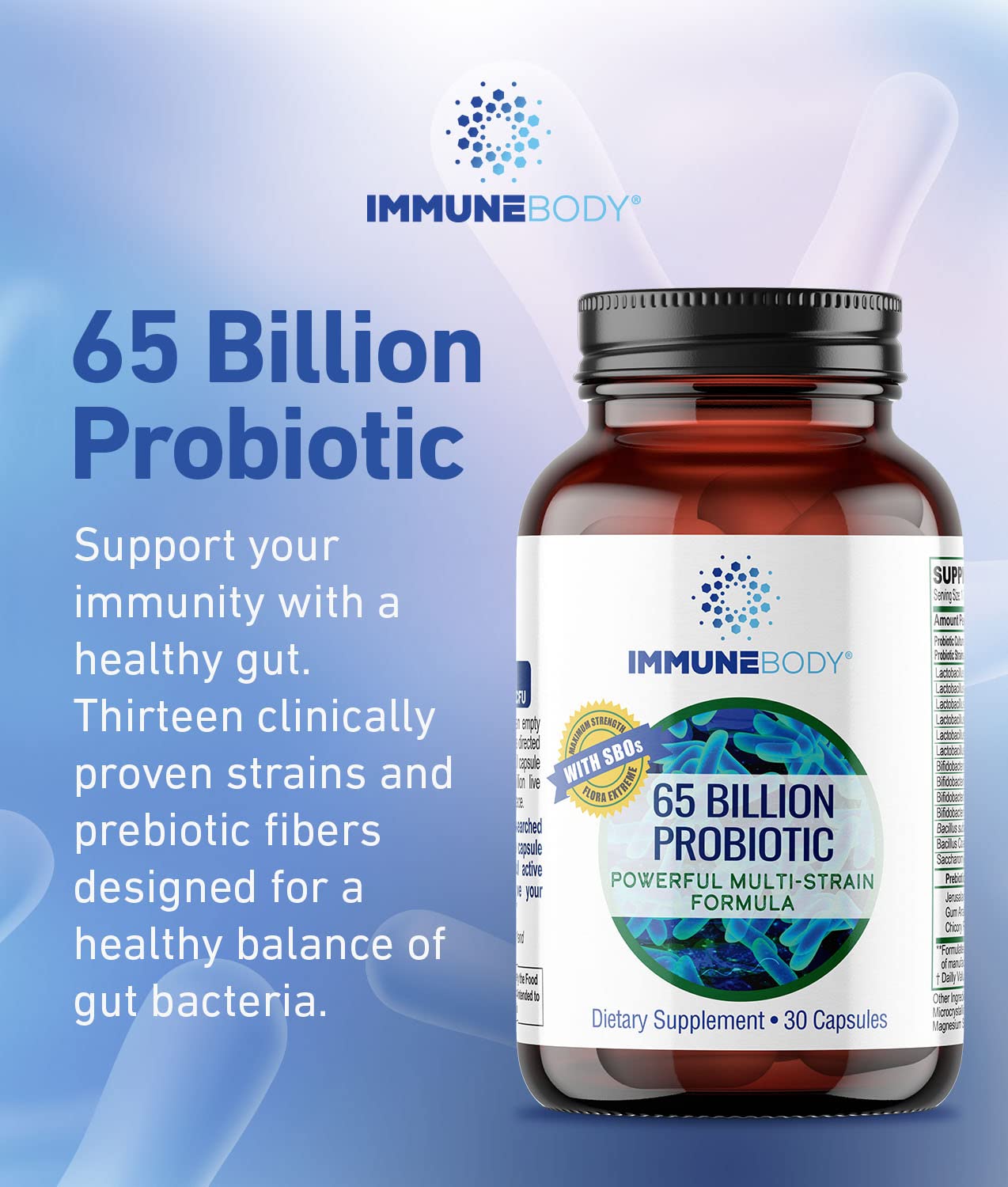 ImmuneBody capsule against a green background suggests immune-friendly probiotic benefits.