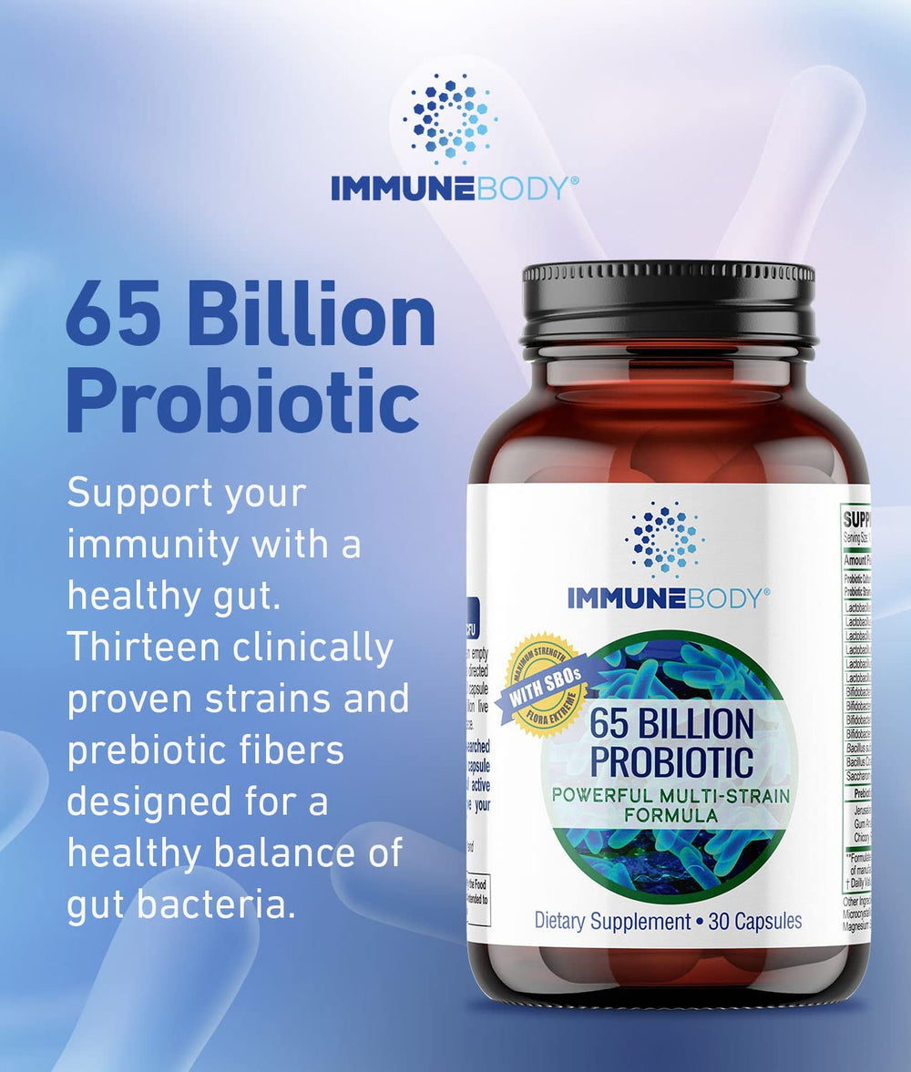 ImmuneBody capsule against a green background suggests immune-friendly probiotic benefits.