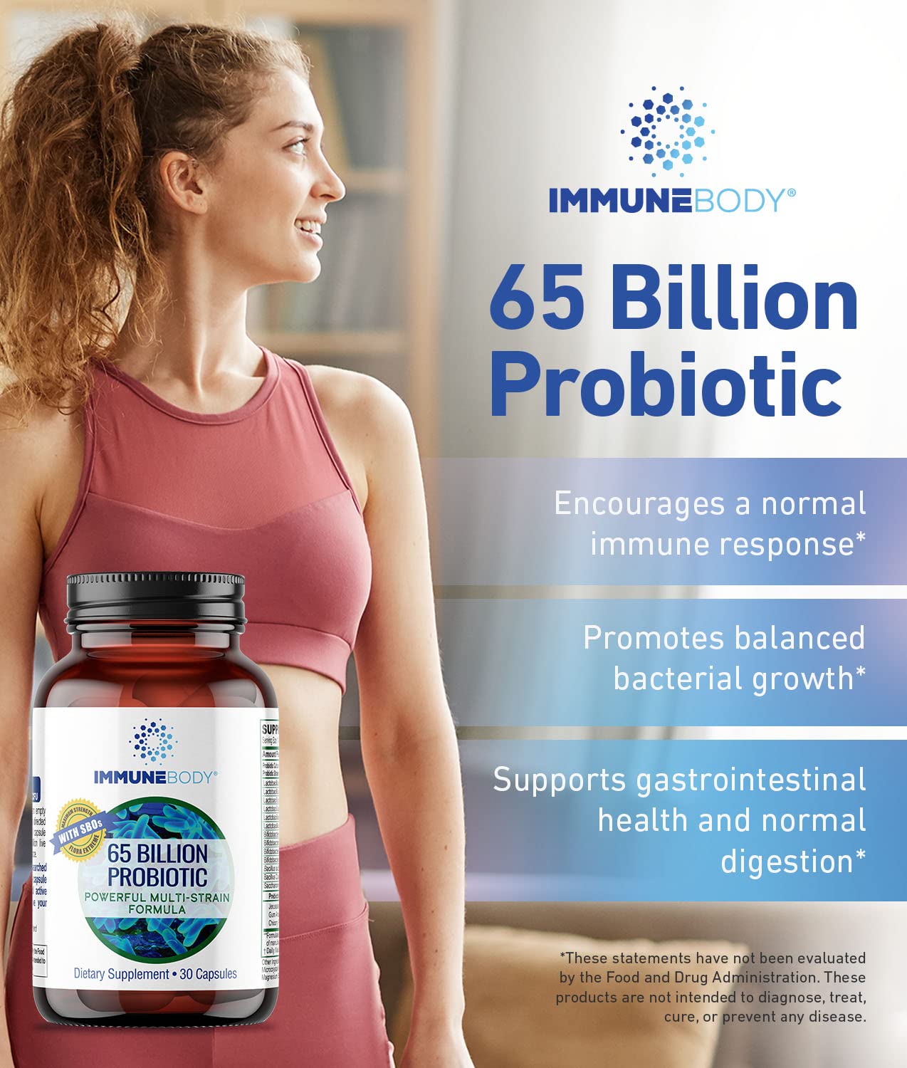 ImmuneBody bottle shows easy-to-swallow capsule for daily wellness.