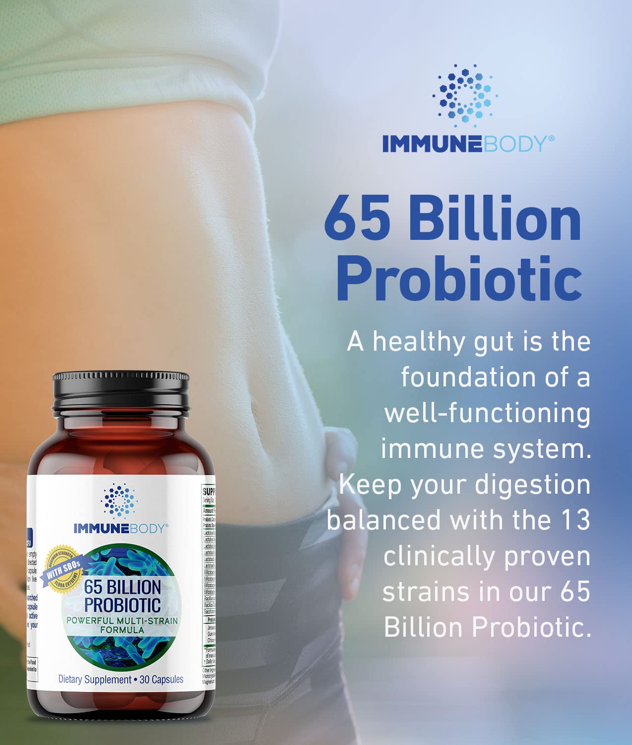 ImmuneBody clinical-studies badge signals evidence-backed probiotic strains.