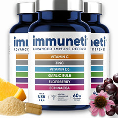Immuneti Advanced Immune Support bottle front shows the 6-in-1 formula for daily wellness.