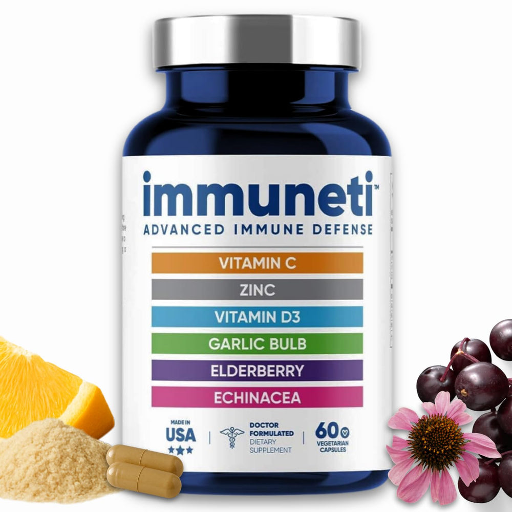 IMMUNETI Advanced Immune Support bottle label highlights a trusted daily immune health routine.