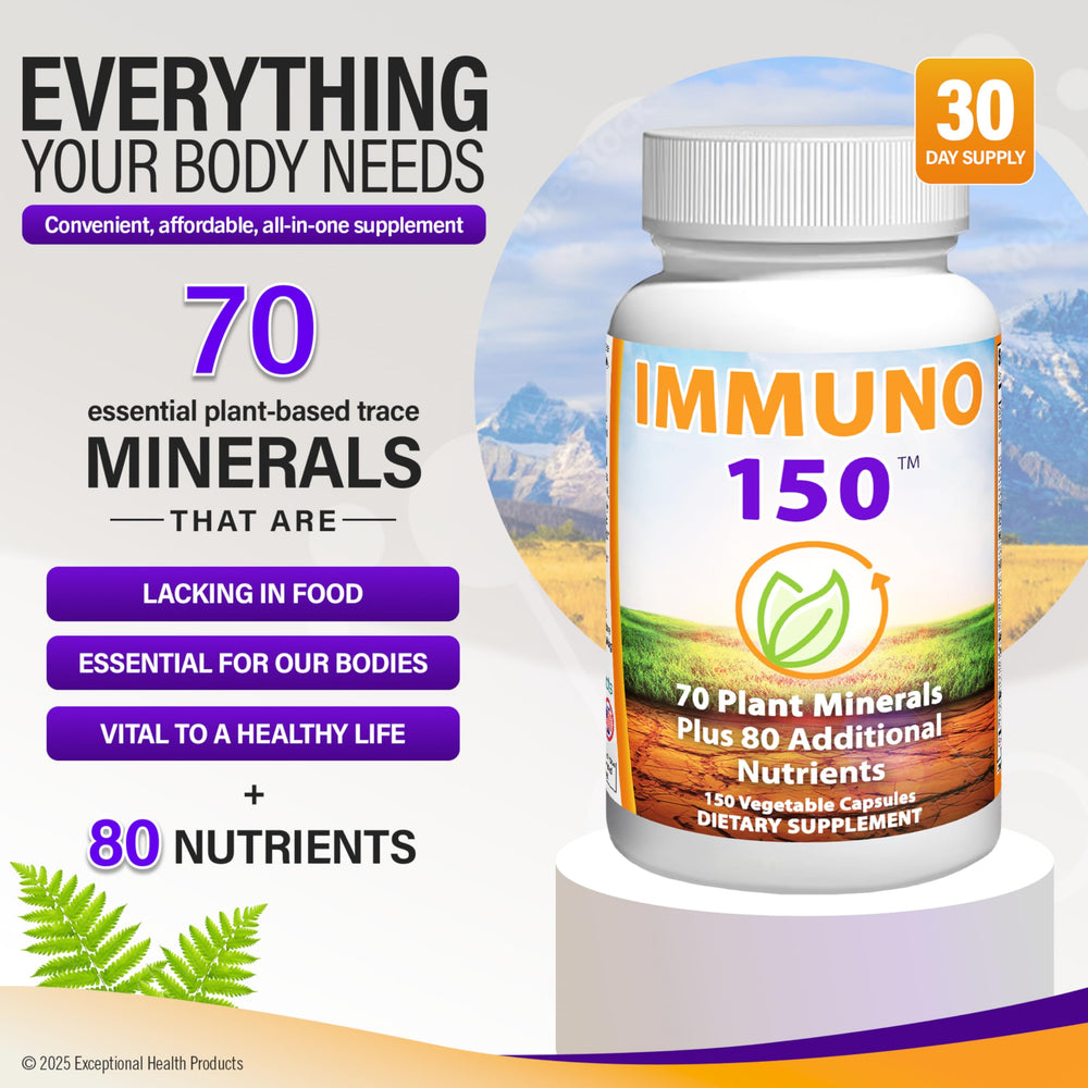 Immuno 150 bottle label shown for ingredient trust and packaging.