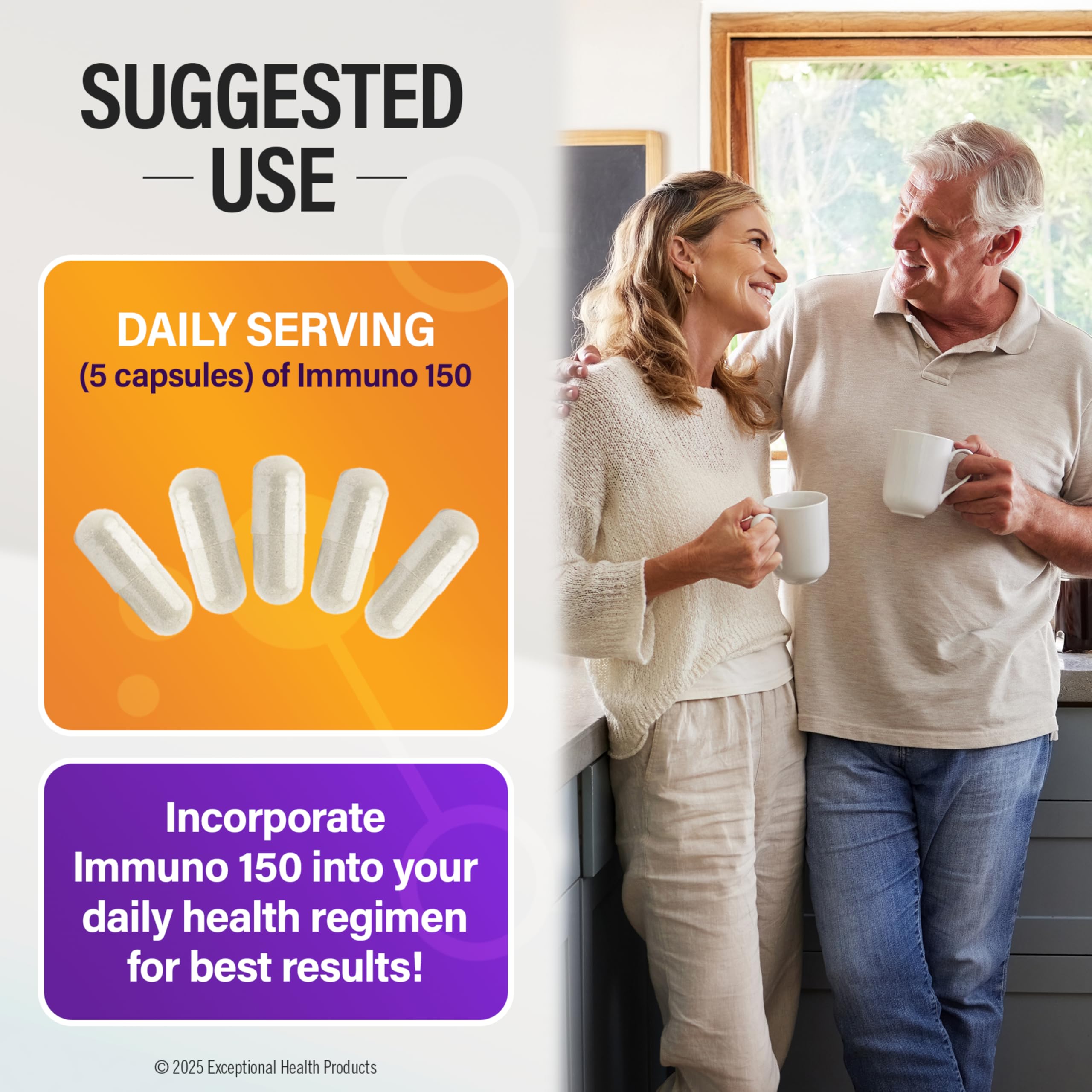 Capsules poured from Immuno 150 bottle illustrating easy daily dosing.