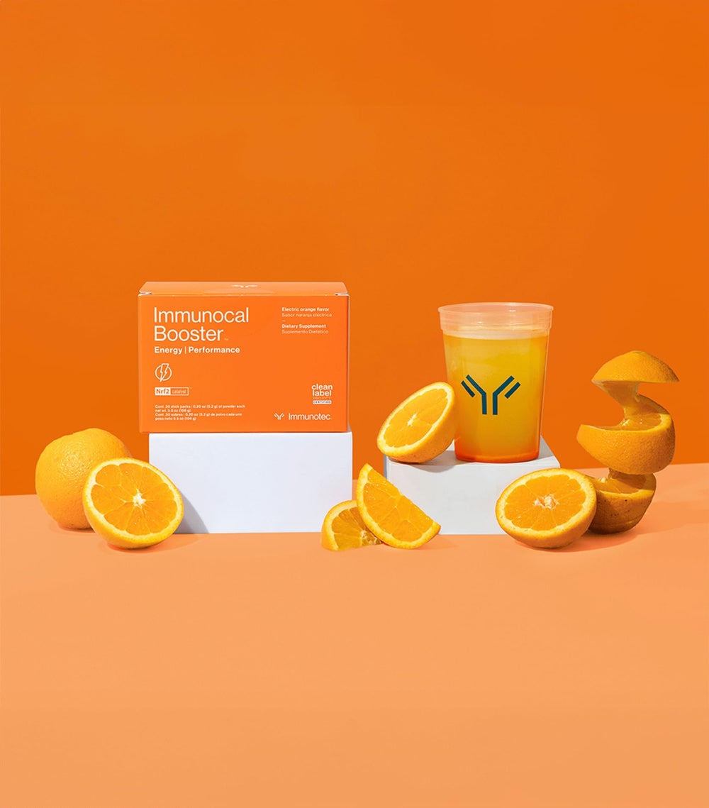 Immunocal Booster Energy vitamins C and B12 visual, supports mental focus.