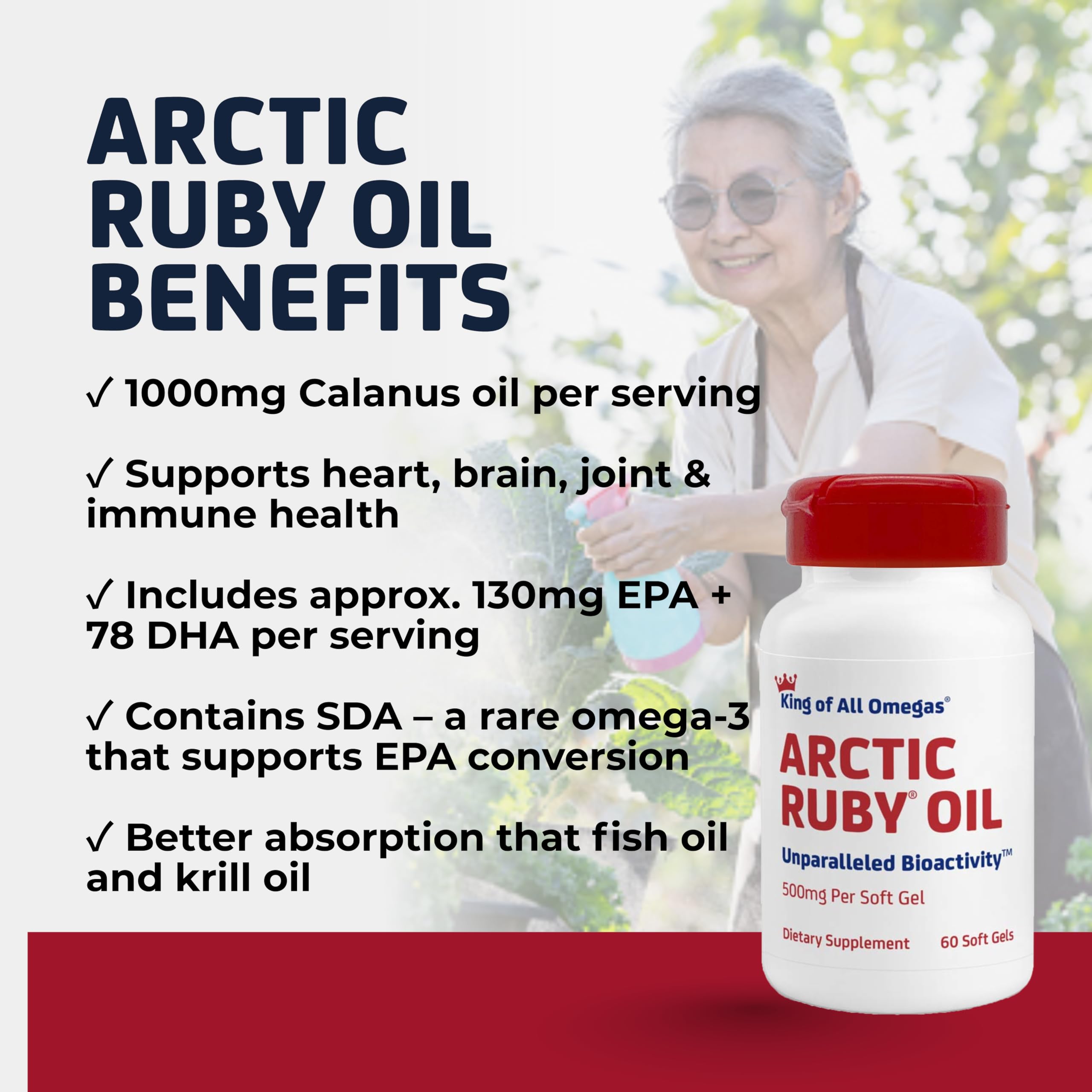 Immunocorp Arctic Ruby Oil visuals suggesting benefits for eyes and brain health.