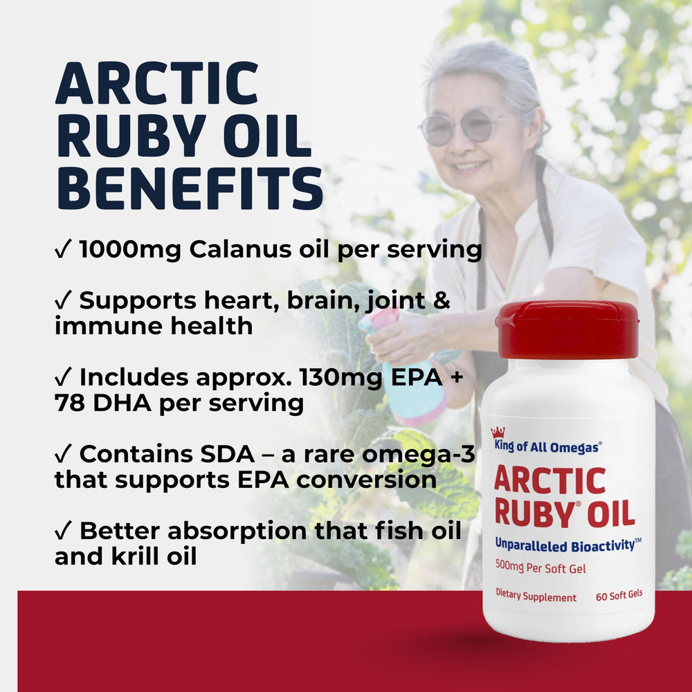 Immunocorp Arctic Ruby Oil visuals suggesting benefits for eyes and brain health.