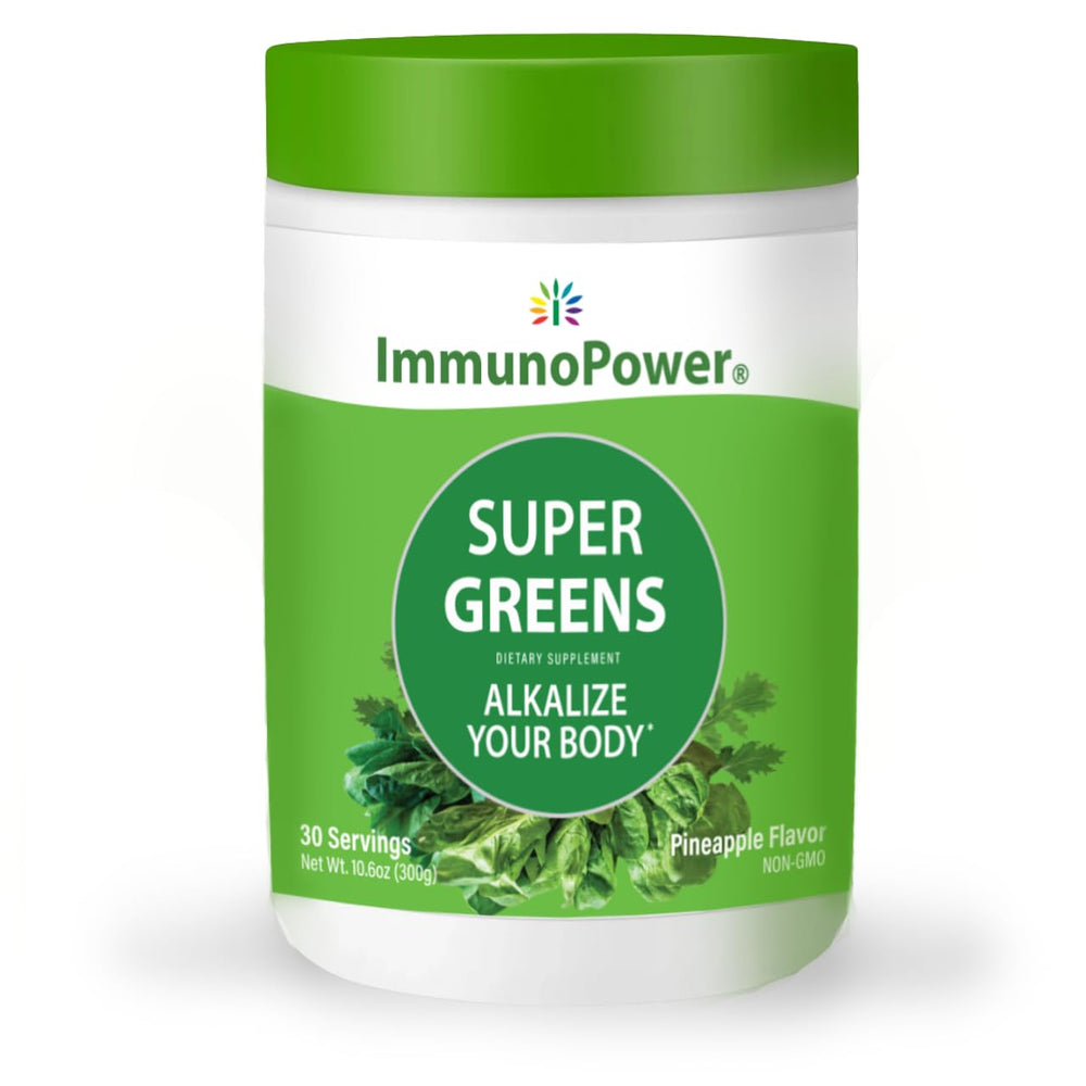ImmunoPower Super Greens bottle front highlighting premium packaging for daily wellness.