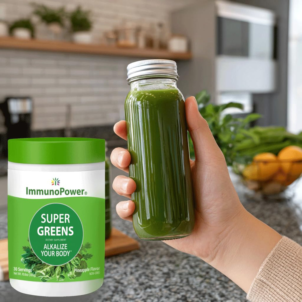 Product label and packaging of ImmunoPower Super Greens signaling quality.
