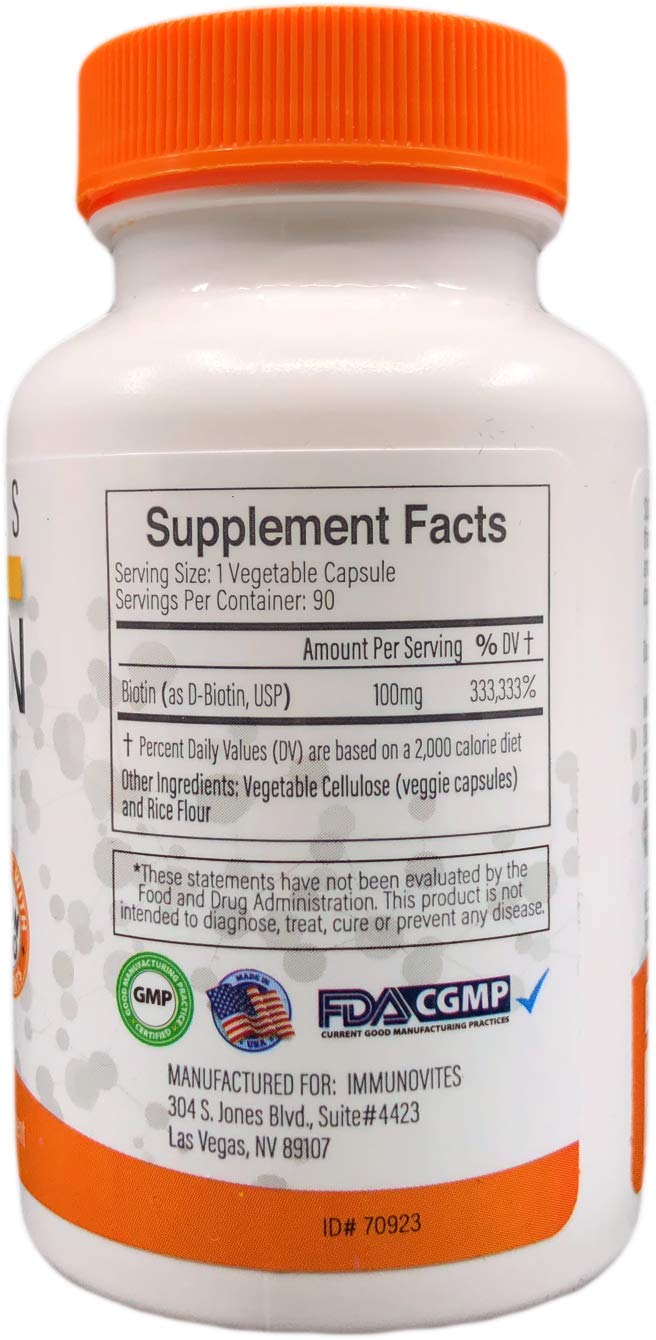 IMMUNOVITES label close-up emphasizing USP grade d-Biotin 100 mg