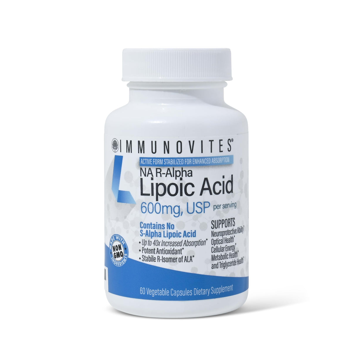 IMMUNOVITES Stabilized R-ALA bottle front showing high potency antioxidant support