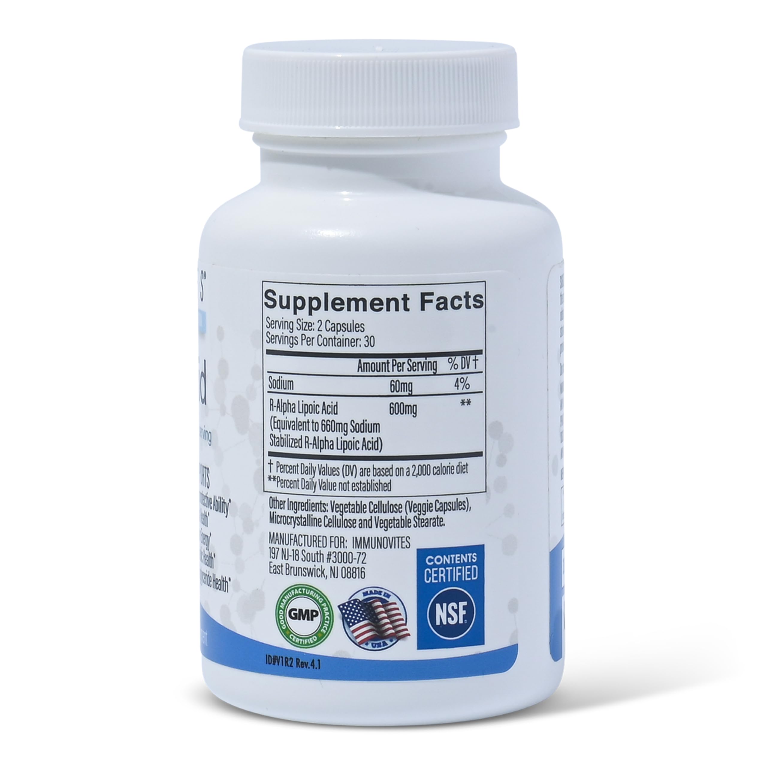IMMUNOVITES Stabilized R-ALA bottle pour illustrating easy daily serving