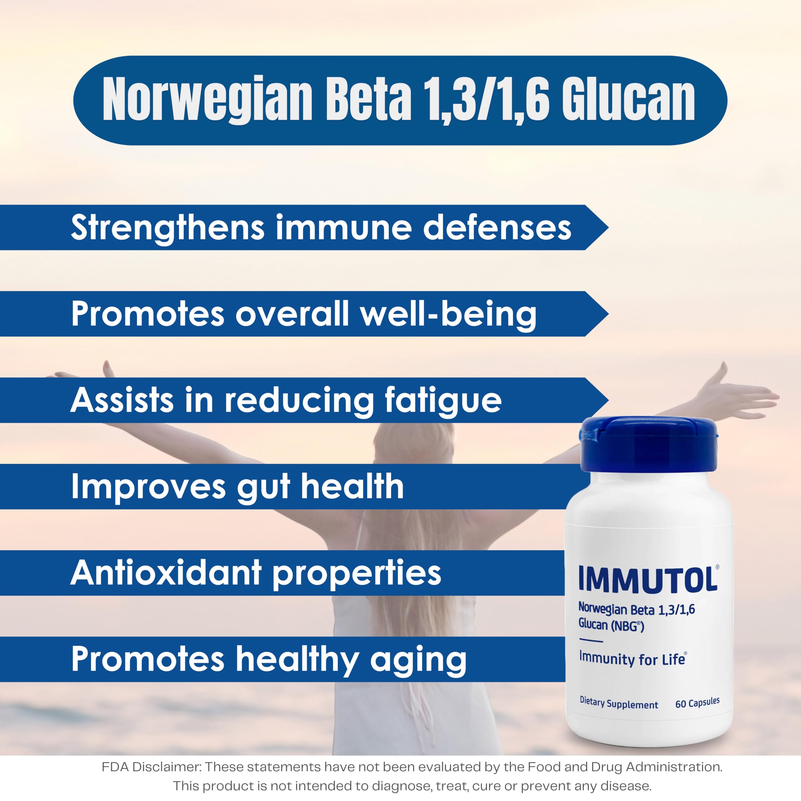 Immutol capsules close-up emphasizes easy-to-swallow, high-potency beta-glucan.