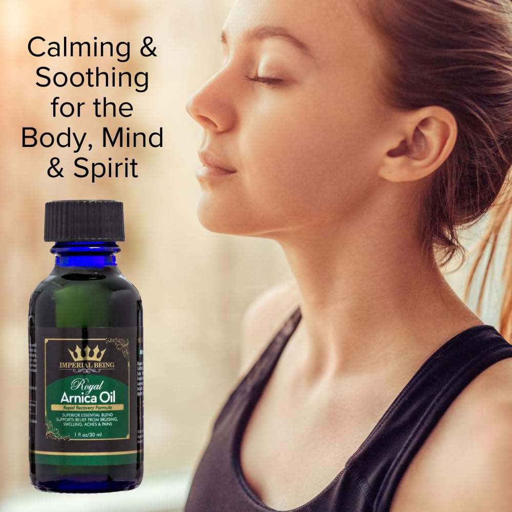 Imperial Being Royal Arnica Oil bottle close-up highlighting organic herbal formula.