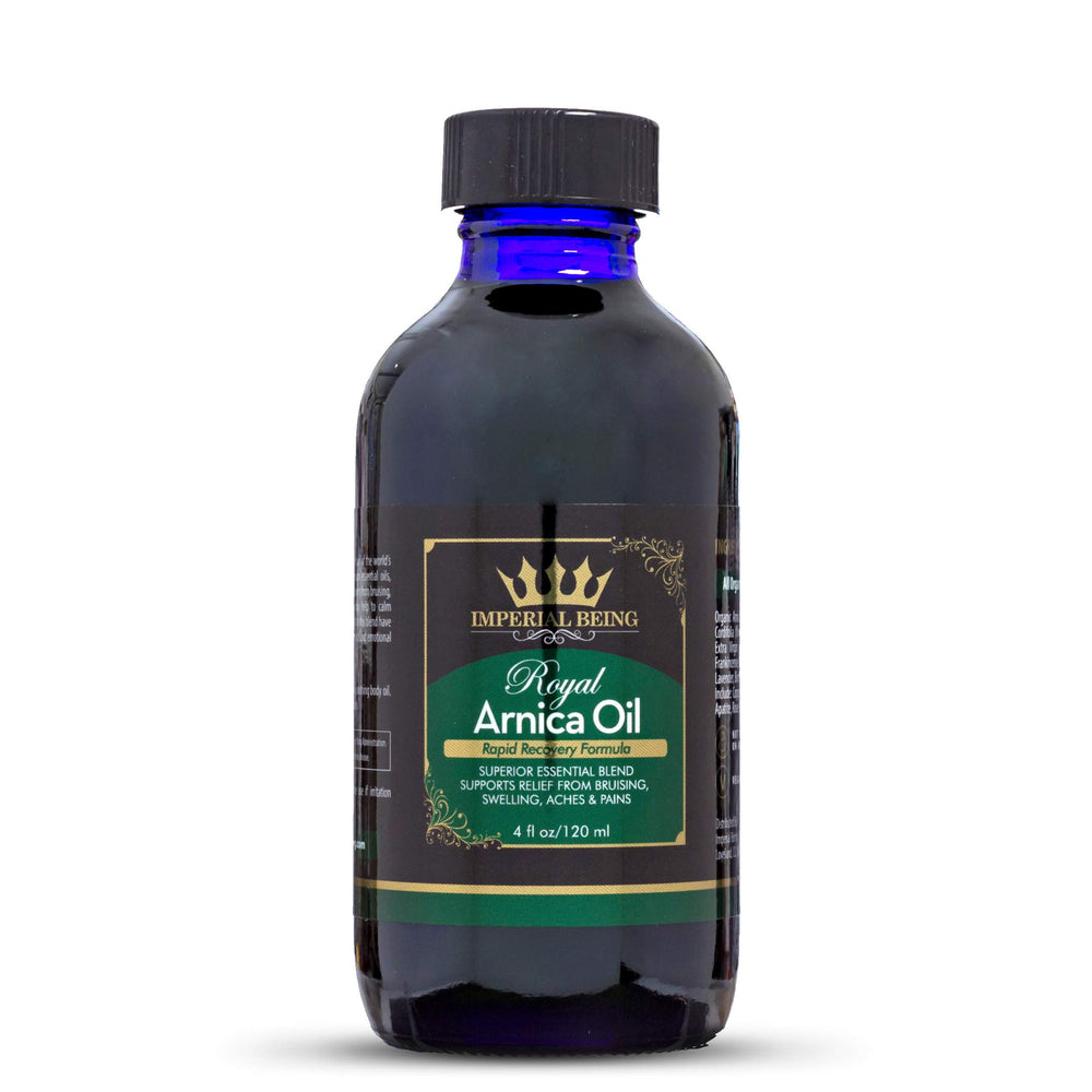 Imperial Being Royal Arnica Oil bottle pour for soothing recovery support.