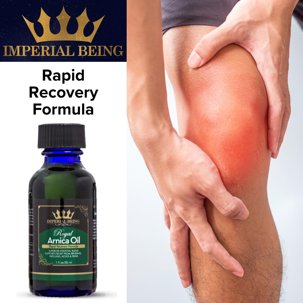Imperial Being Royal Arnica Oil herbal blend ingredients showcased for natural care.