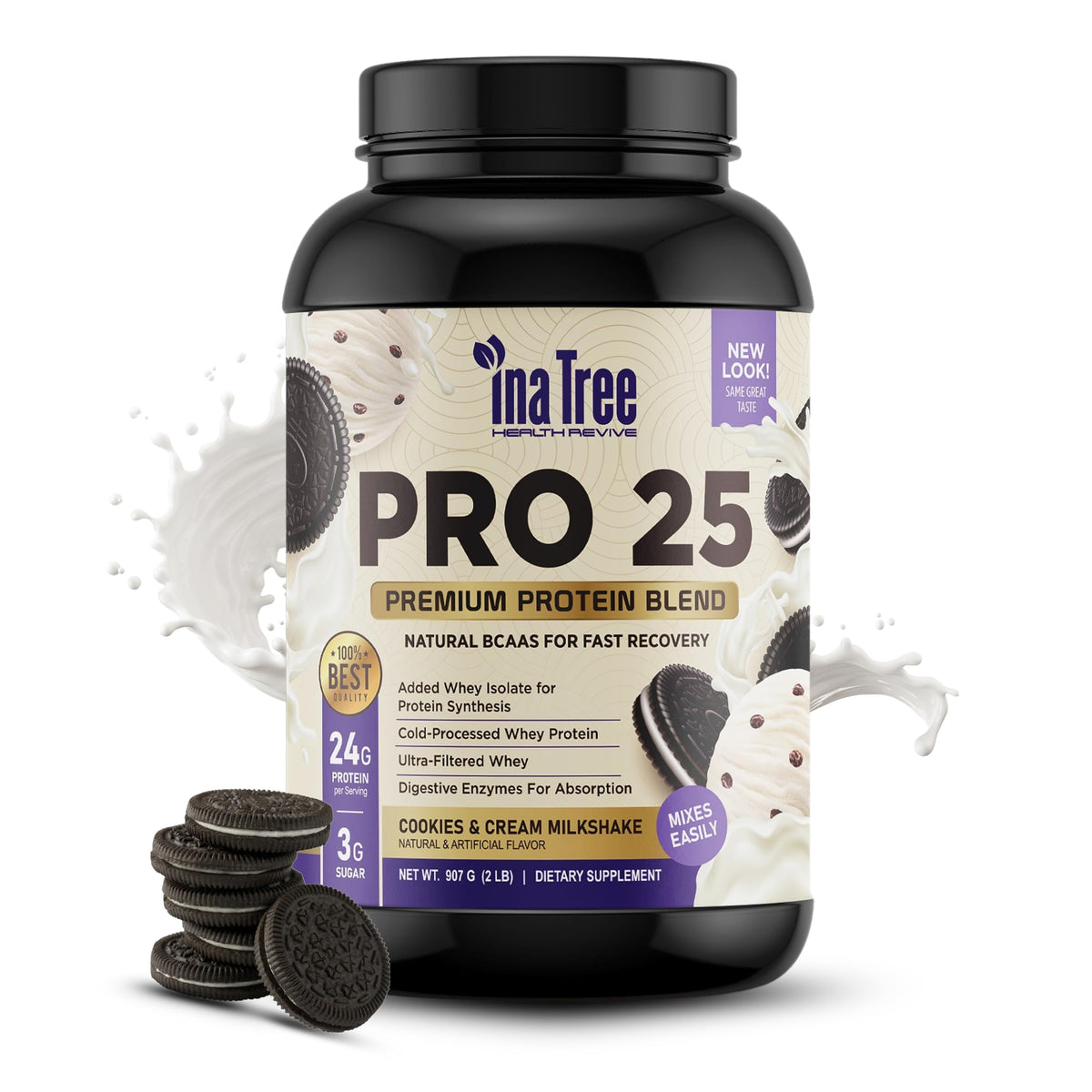 INA TREE HEALTH REVIVE Pro 25 whey protein tub showcasing clean packaging and premium formula benefits