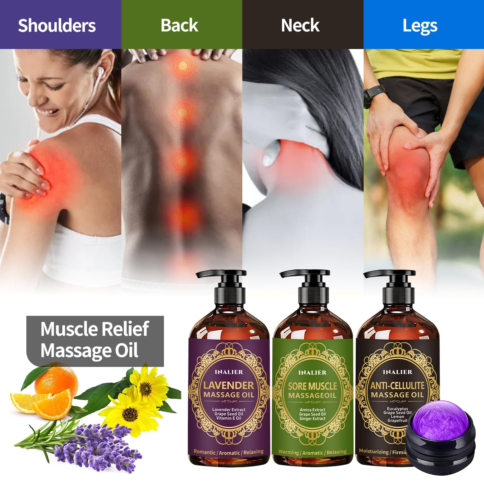 INALIER lavender massage oil bottle with calming aromatherapy benefits