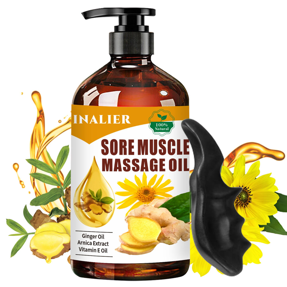 INALIER Sore Muscle Massage Oil bottle with warm ginger aroma for at-home relaxation.