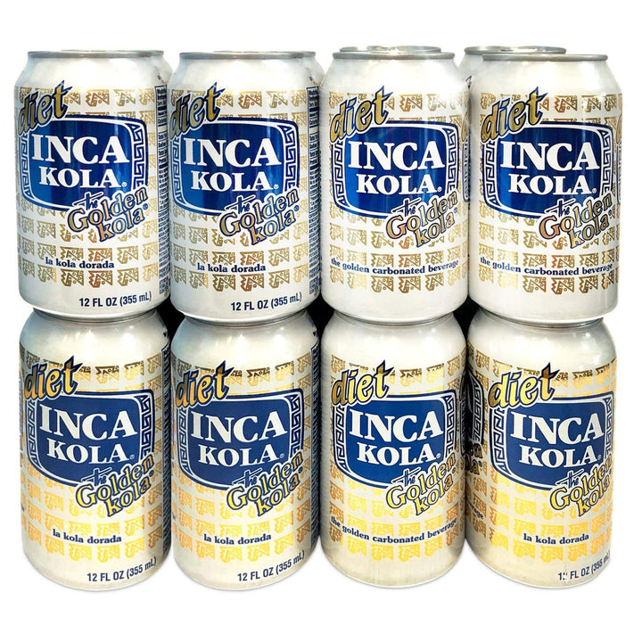 Inca Kola Diet Soda 12 oz can, golden color, low sodium, refreshing choice.