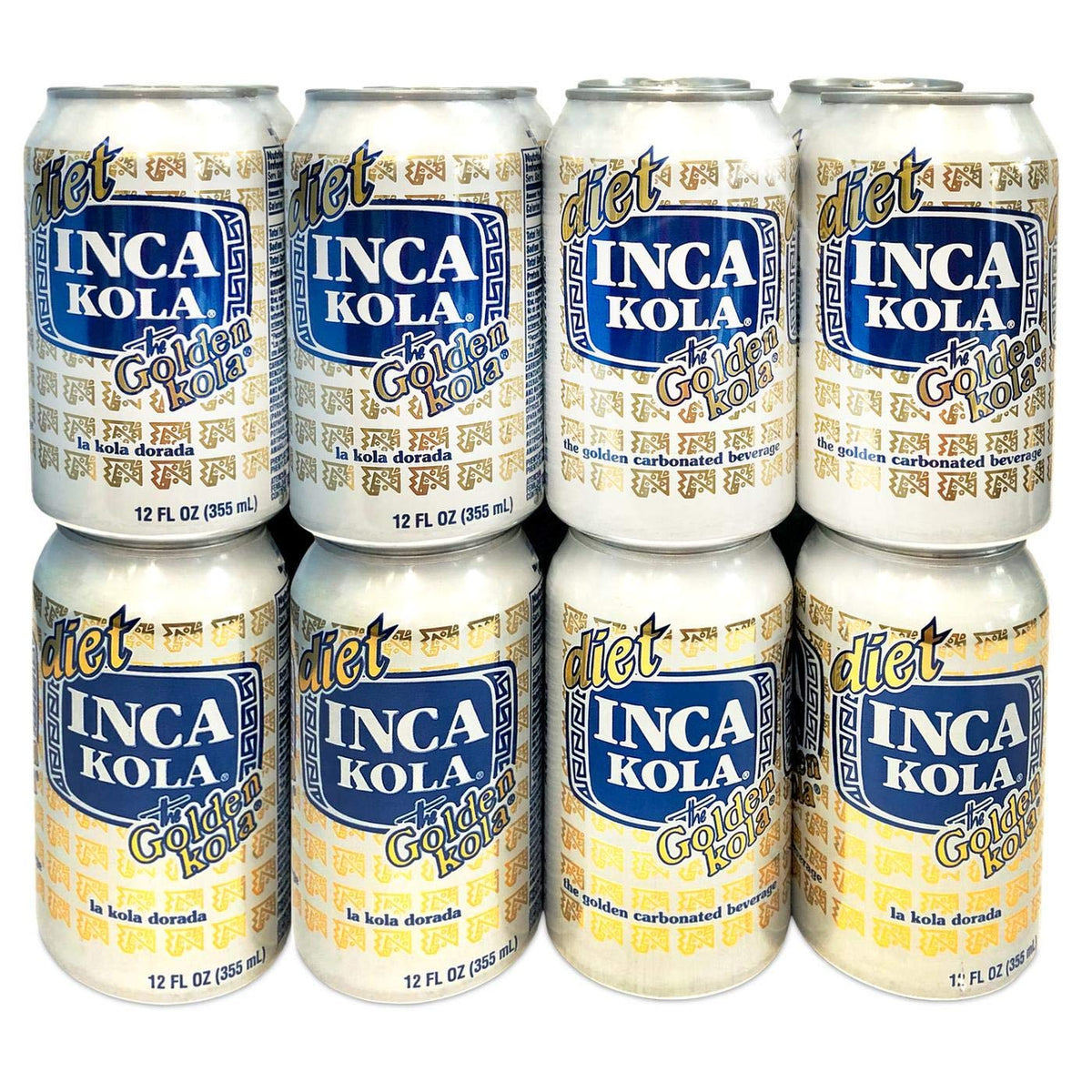 Inca Kola Diet Soda 12 oz can, golden color, low sodium, refreshing choice.