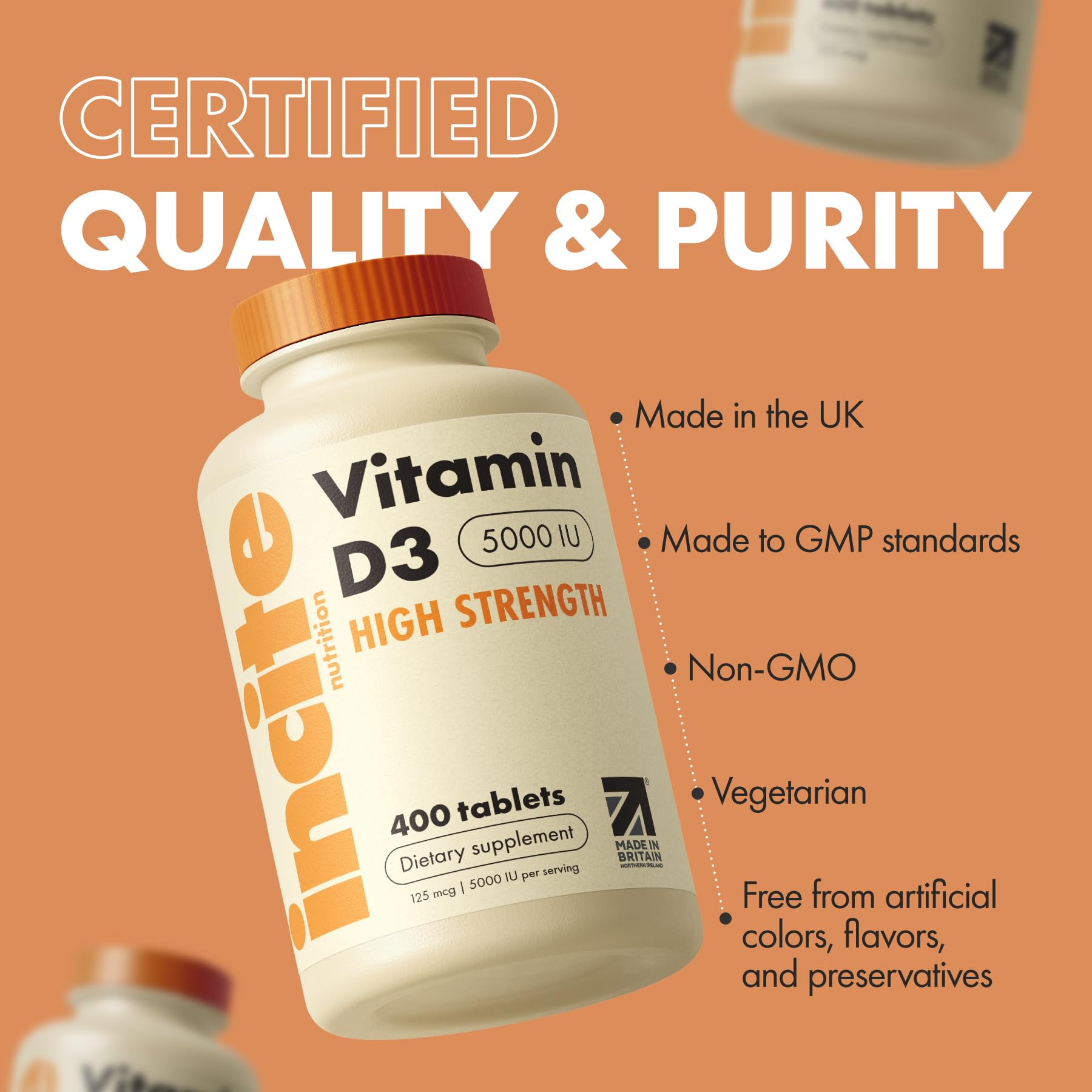 Incite Nutrition Vitamin D3 5000iu bottle label with GMP and premium ingredients.