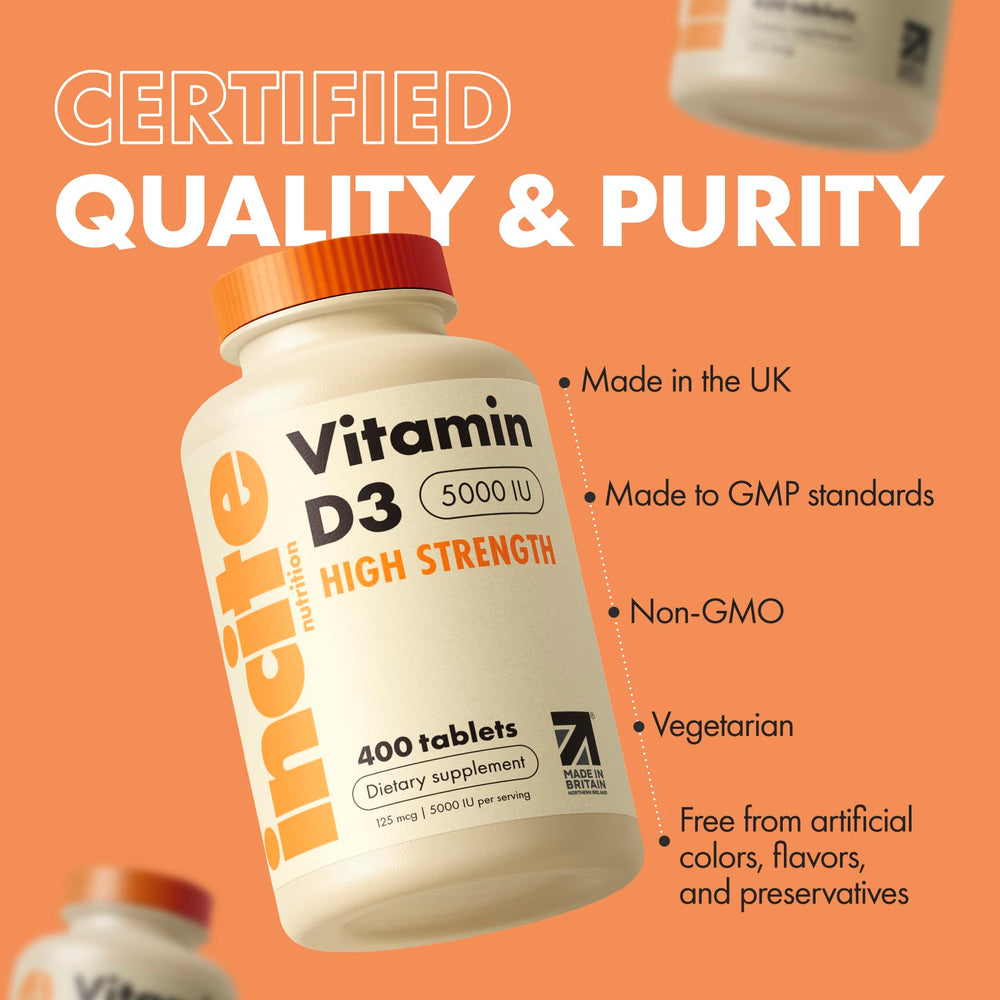 Incite Nutrition Vitamin D3 5000iu bottle label with GMP and premium ingredients.