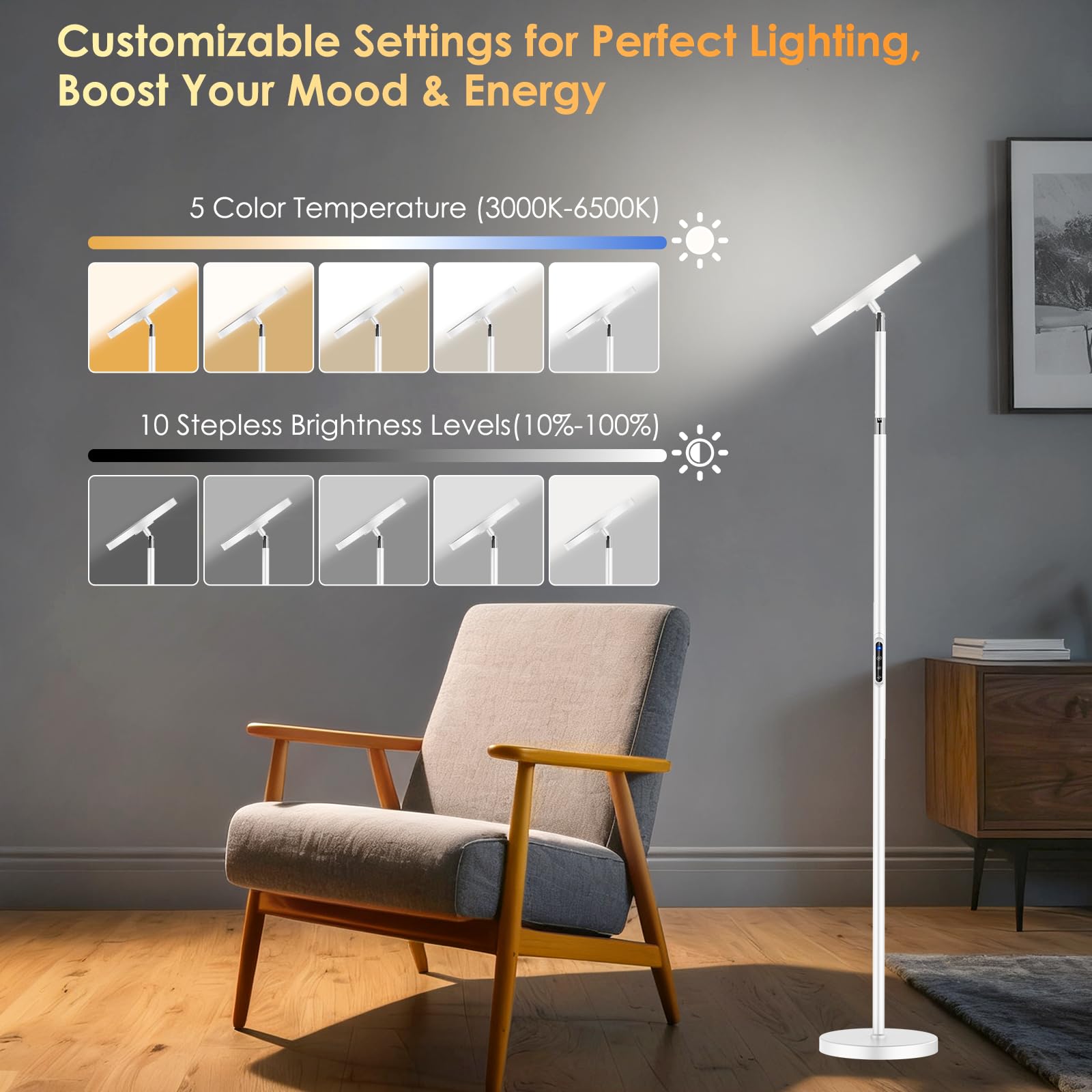 Incolumitas Floor Sun Lamp remote with magnetic dock keeps controls handy.