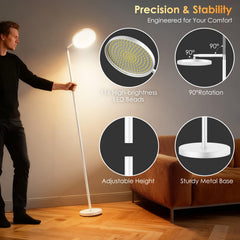 Incolumitas Floor Sun Lamp 340° tilt targets lighting for reading.