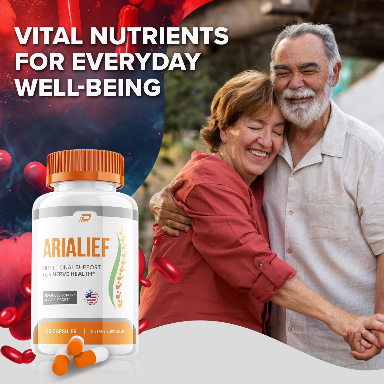 Indelo Arialief capsules side view, premium dietary supplement for daily use.