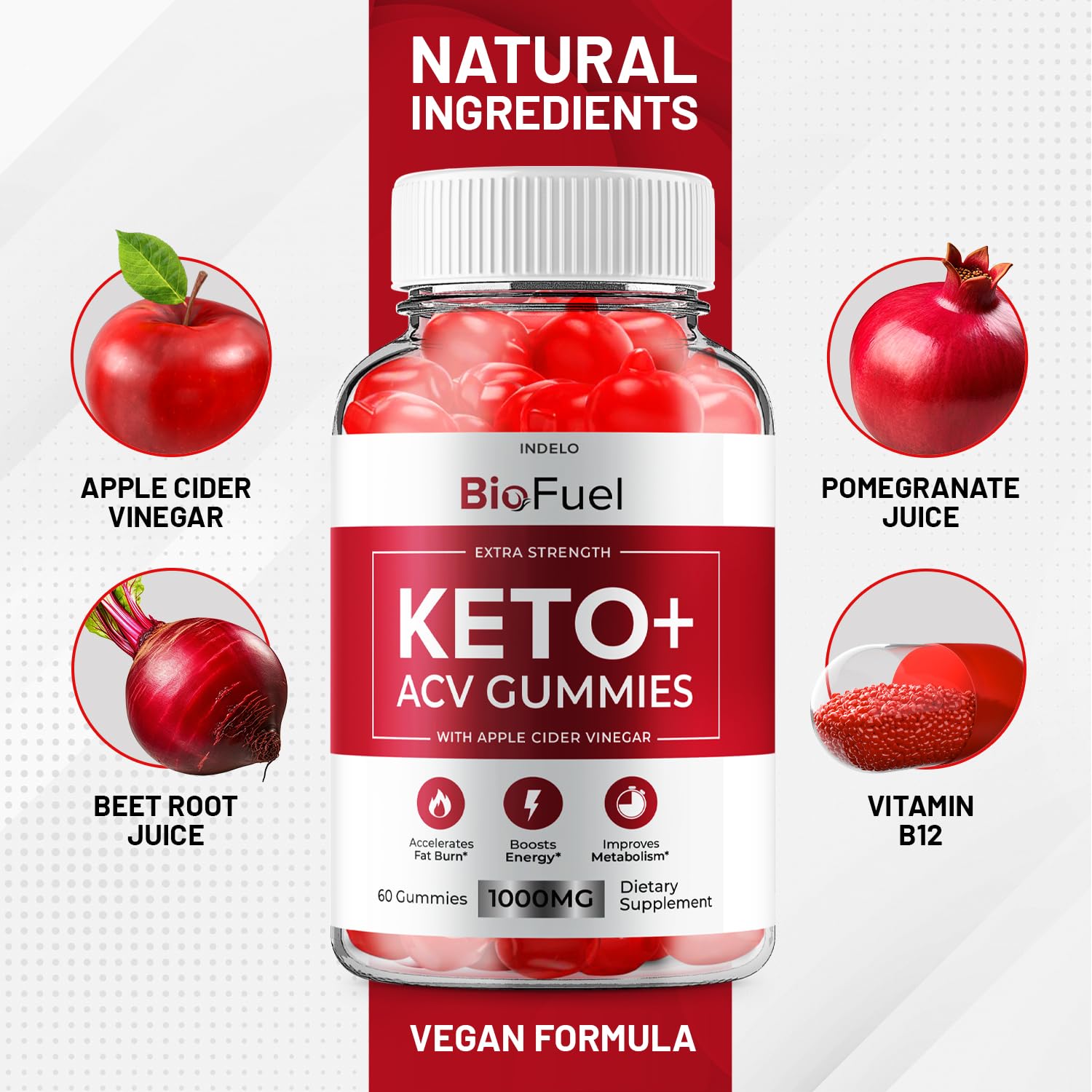 Apple cider vinegar element featured in Indelo BioFuel Keto ACV Gummies visual.