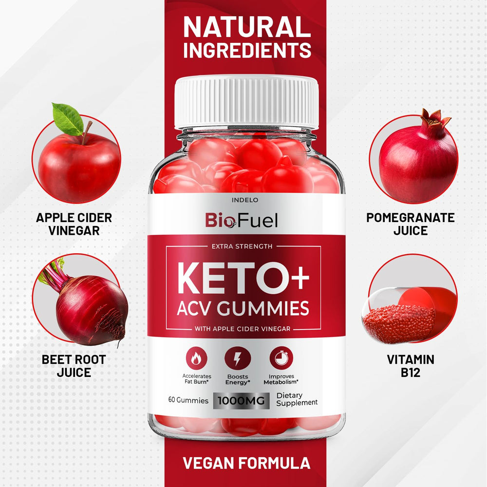 Apple cider vinegar element featured in Indelo BioFuel Keto ACV Gummies visual.